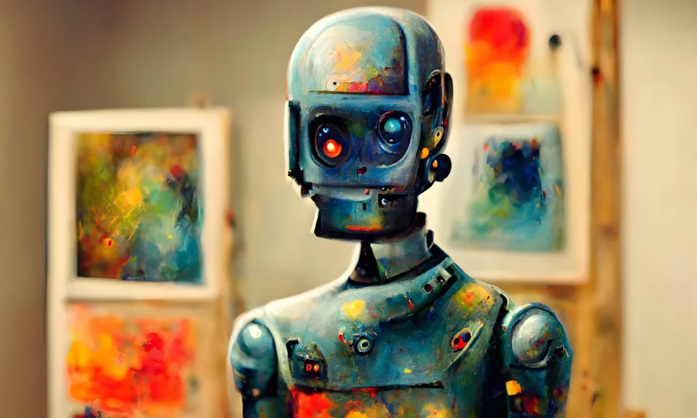 © A robot observing artwork at a gallery, made on Midjourney